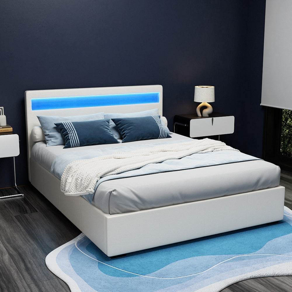 Milano LED Bed Frame PU Leather Gas Lift Storage White - Queen Size