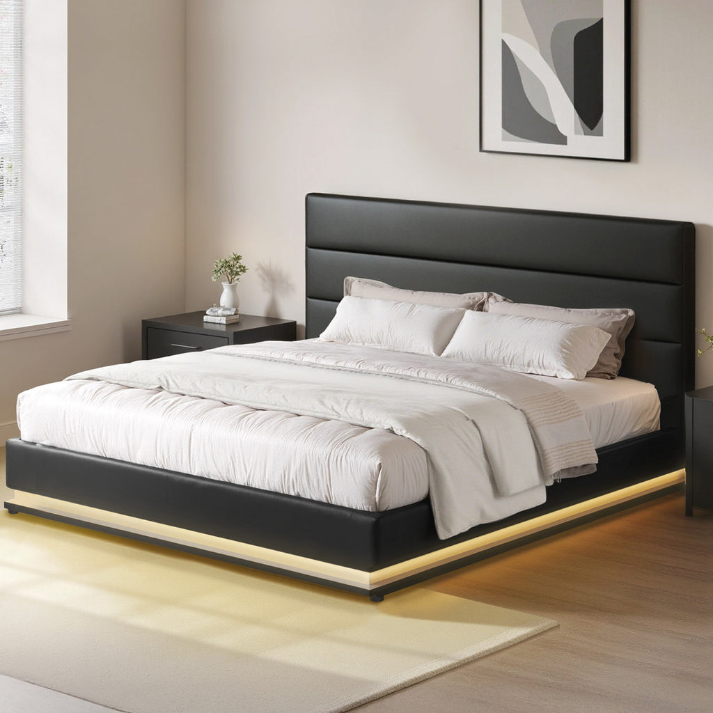 Milano Premium Lumi LED Bed Frame PU Leather Gas Lift Storage - Black King Size