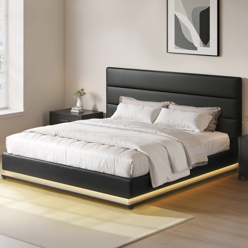 Milano Premium Lumi LED Bed Frame PU Leather Gas Lift Storage - Black King Size