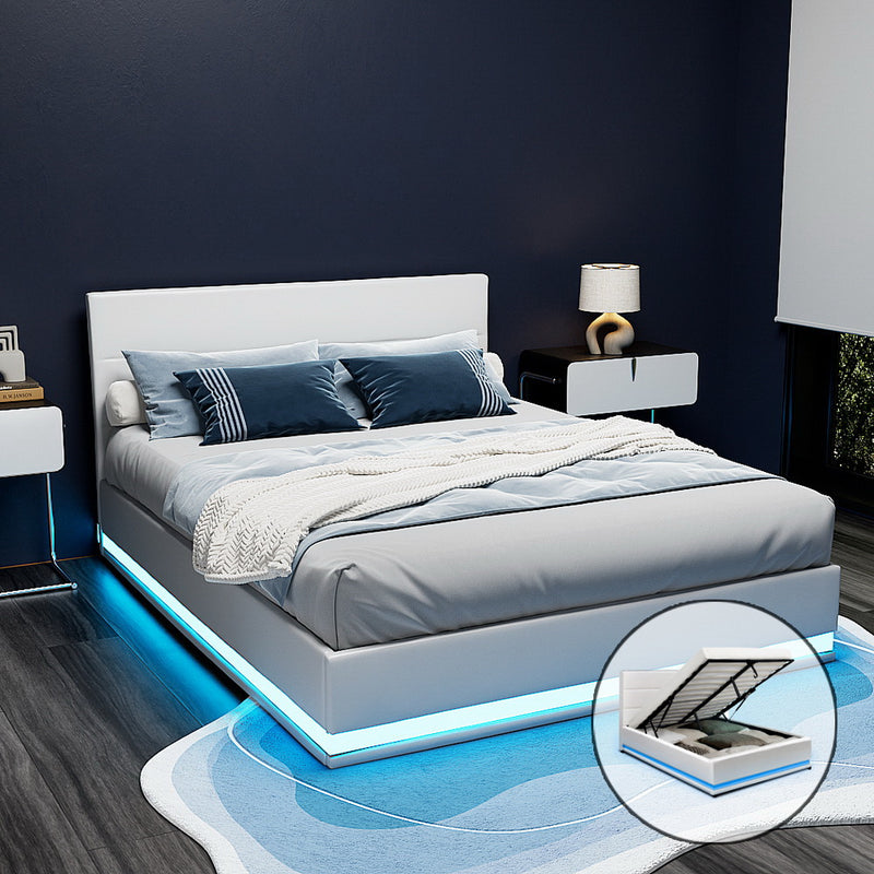 Milano Premium LED White PU Leather Gas Lift Storage Bed Frame - Queen Size