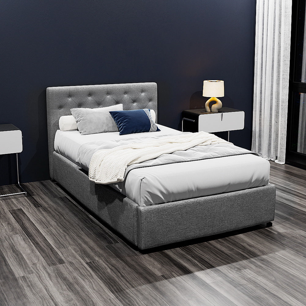 Milano Premium faux linen fabric Grey Gas Lift Bed Frame - King Single