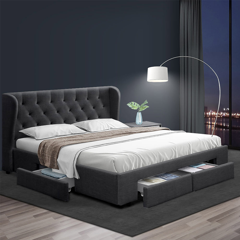 Milano Premium Faux linen fabric with 4 Drawers Charcoal Bed Frame - Queen Size