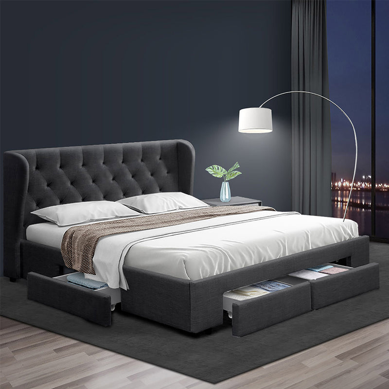 Milano Premium Faux linen fabric with 4 Drawers Charcoal Bed Frame - Queen Size
