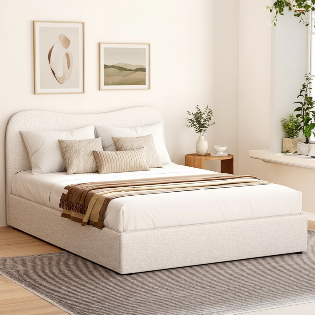 Milan Premium Boucle White Fabric Bed Frame - Double Size