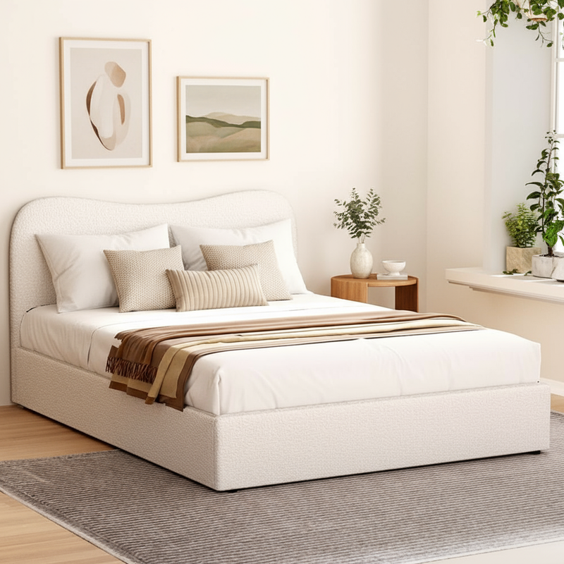 Milan Premium Boucle White Fabric Bed Frame - King Size