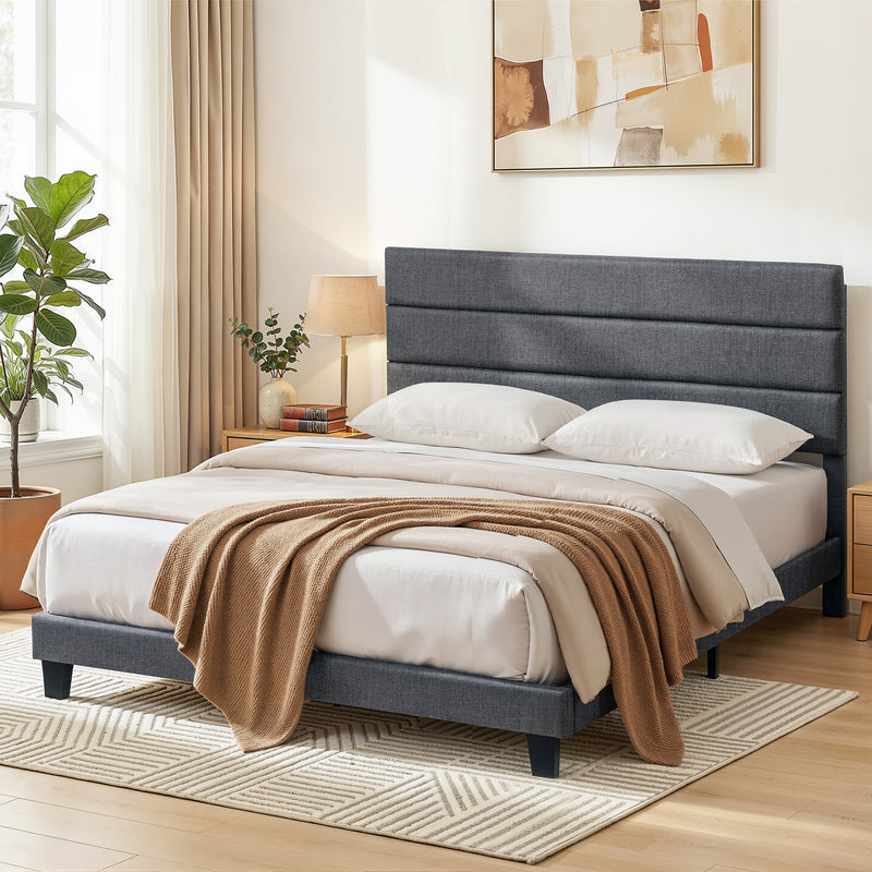 Artiss King Bed Frame Upholstered Platform Base with Geometric Headboard Charcoal Grey Linen Wood Slats for Modern Bedroom Furniture Home Decor