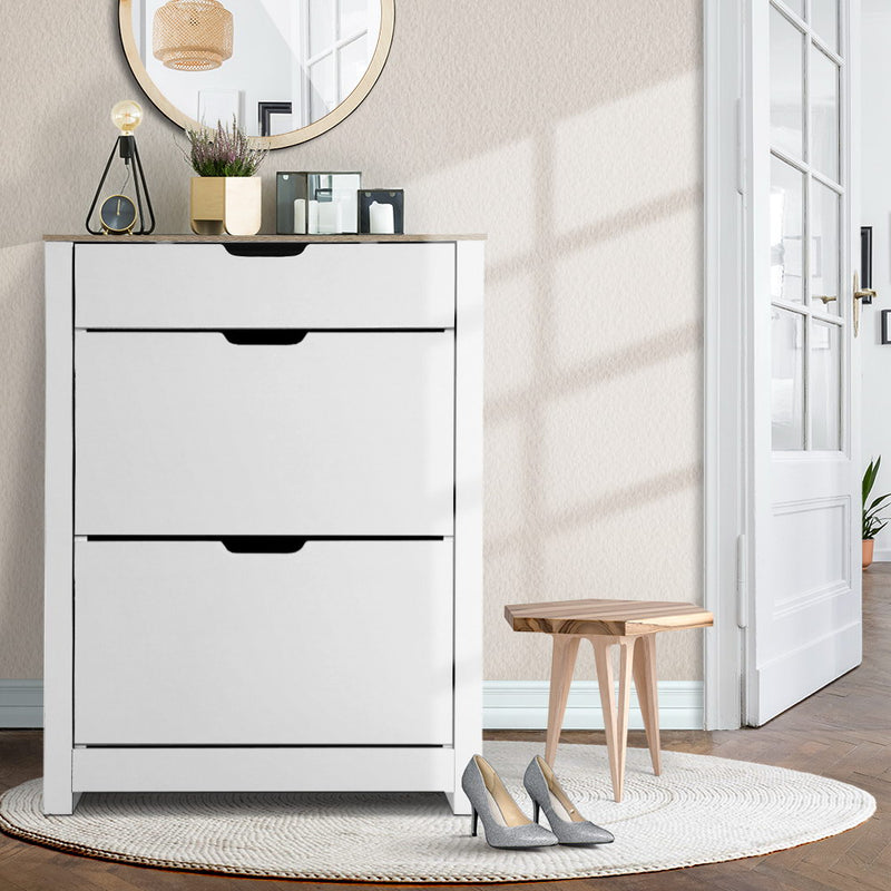 Elora slim shoe cabinet in white and wood with a top drawer and two shoe storage compartments