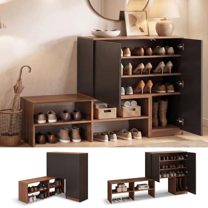 Walden 2-in-1 shoe storage cabinet and bench in walnut and black with open shelves and concealed storage