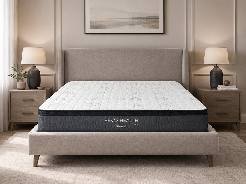 SlumberCare Revo Health Comfort Mattress on a modern upholstered bed frame