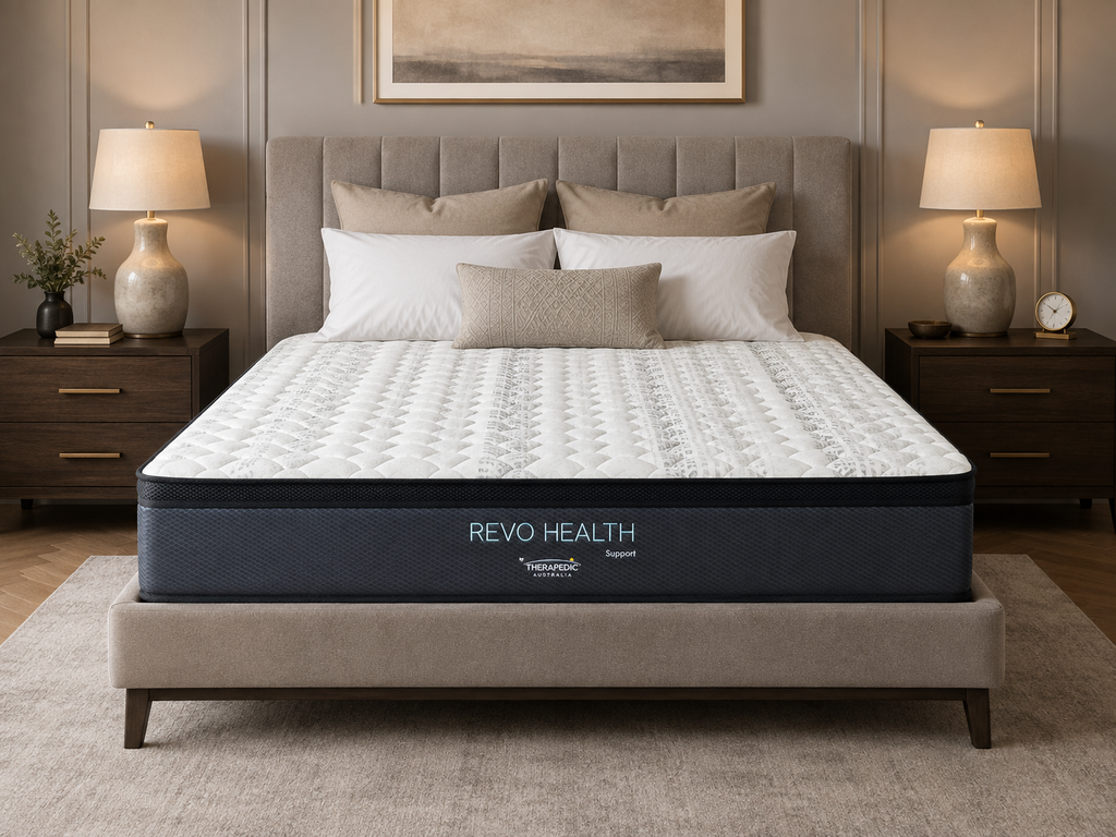 SlumberCare Revo Health Support Mattress on an upholstered bed frame