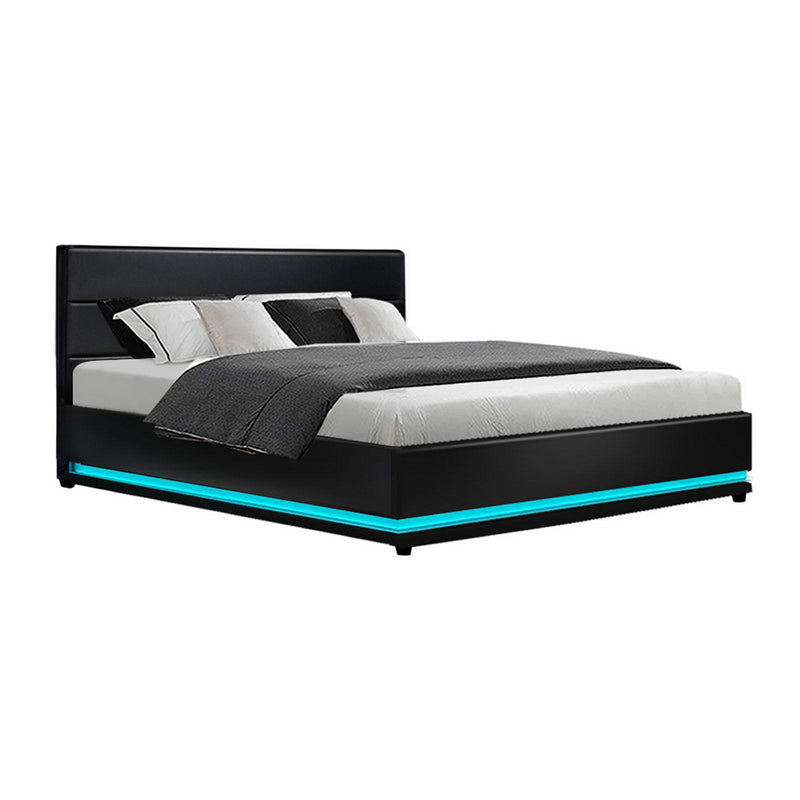 Milano Premium Lumi LED Bed Frame PU Leather Gas Lift Storage - Black King