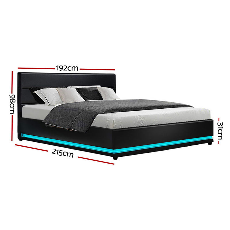 Milano Premium Lumi LED Bed Frame PU Leather Gas Lift Storage - Black King