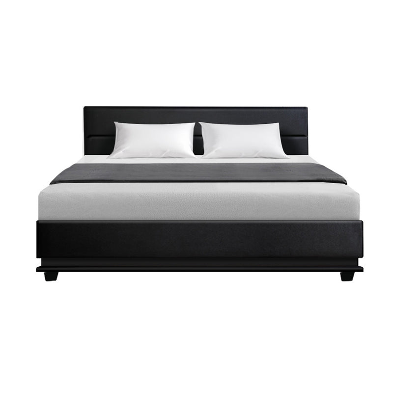 Milano Premium Lumi LED Bed Frame PU Leather Gas Lift Storage - Black King