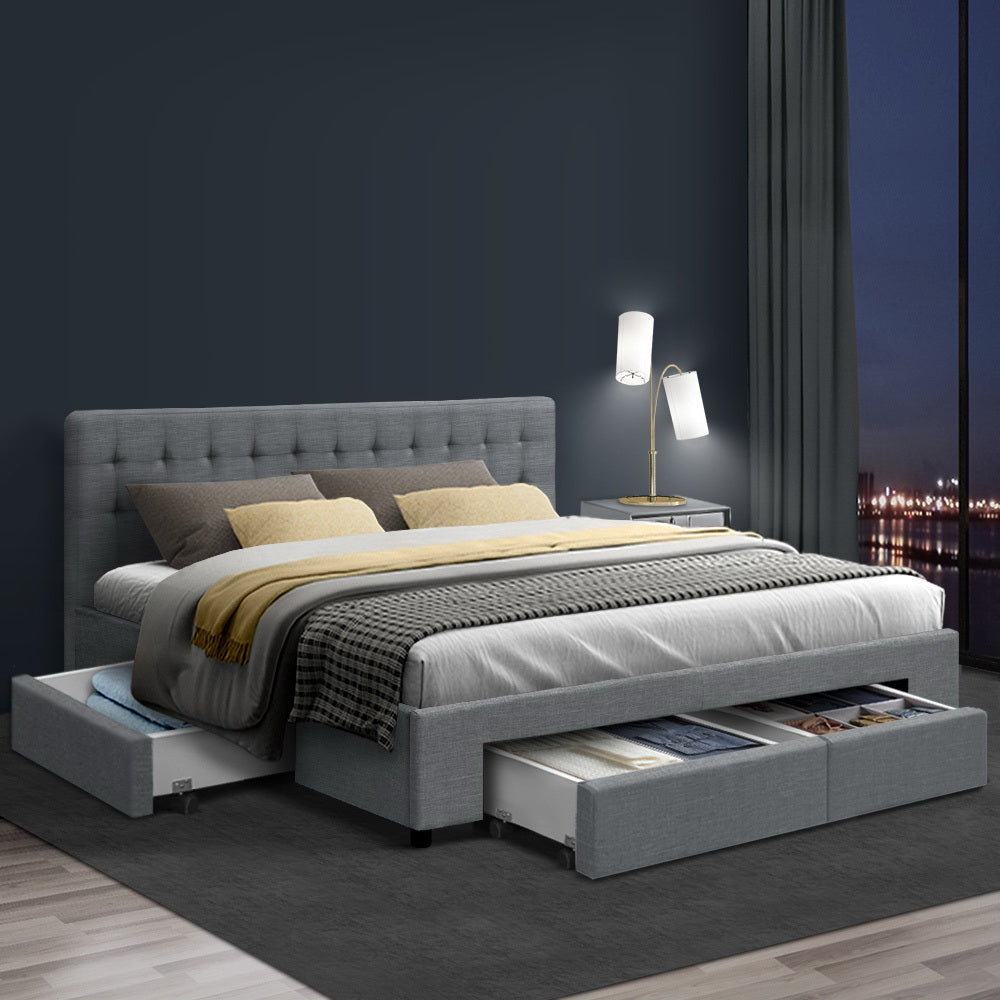 Milano Premium Fabric Bed Frame with Storage Drawers Grey - King Size