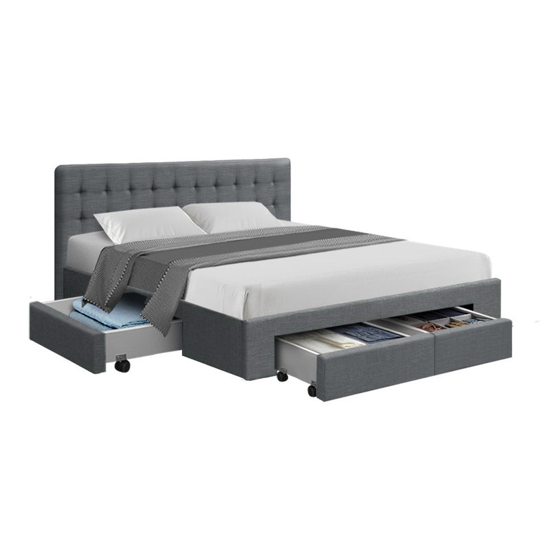 Milano Premium Fabric Bed Frame with Storage Drawers Grey - Queen Size