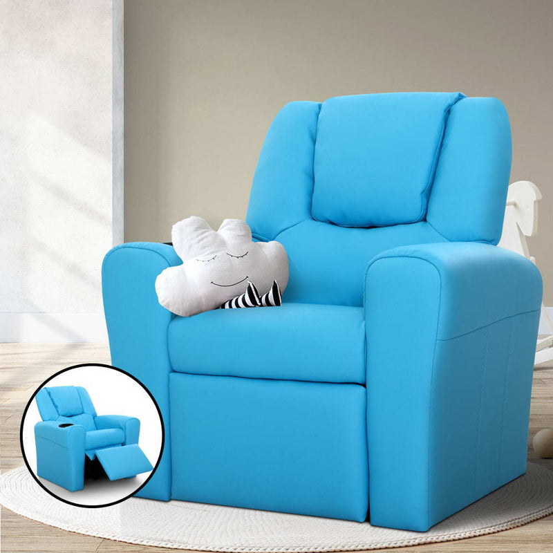 Kids Recliner Chair Blue PU Leather Sofa Lounge at Sleep House Burwood