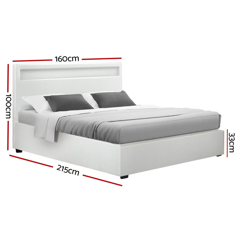 Milano LED Bed Frame PU Leather Gas Lift Storage White - Queen Size
