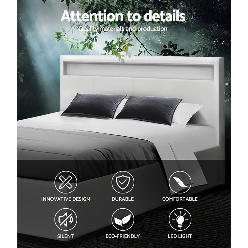 Milano LED Bed Frame PU Leather Gas Lift Storage White - Queen Size