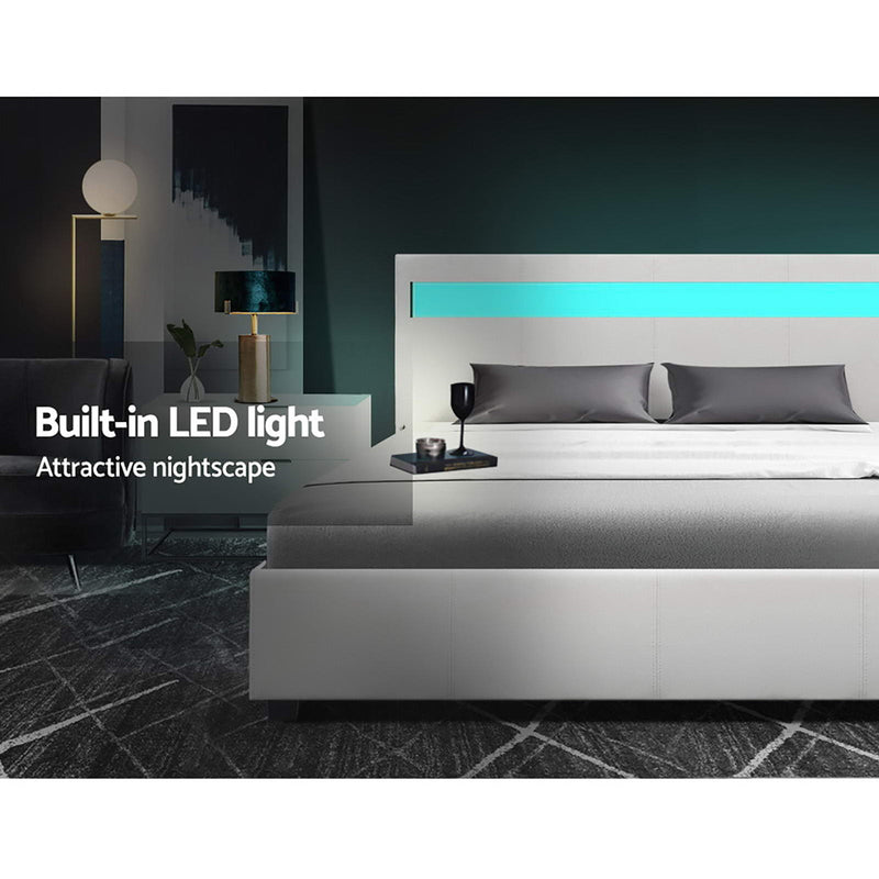 Milano LED Bed Frame PU Leather Gas Lift Storage White - Queen Size