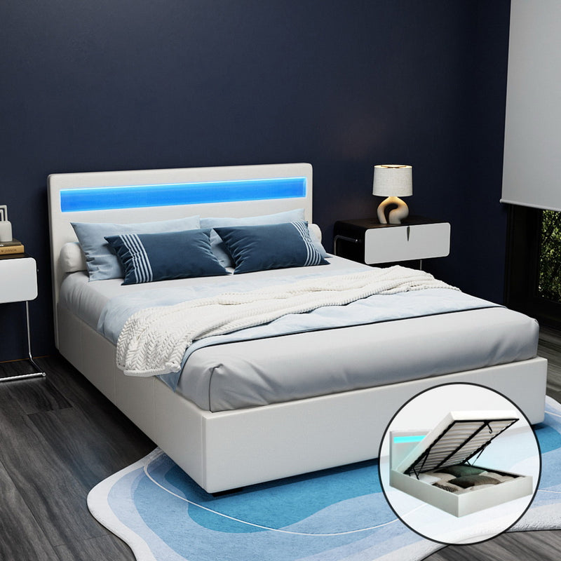 Milano LED Bed Frame PU Leather Gas Lift Storage White - Queen Size
