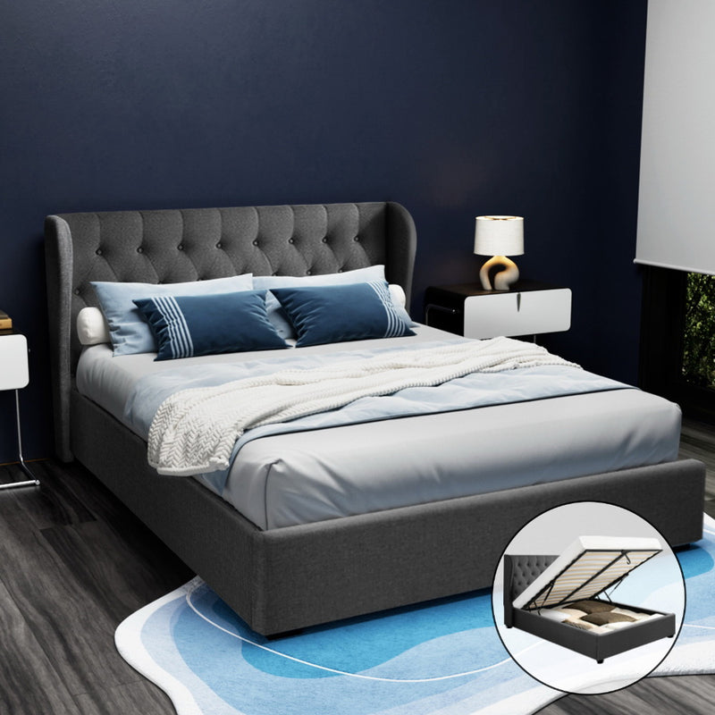 Milan Premium Charcoal Fabric Gas Lift Bed Frame - Queen Size