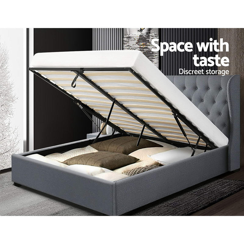 Milan Premium Grey Fabric Gas Lift Bed Frame - Queen Size
