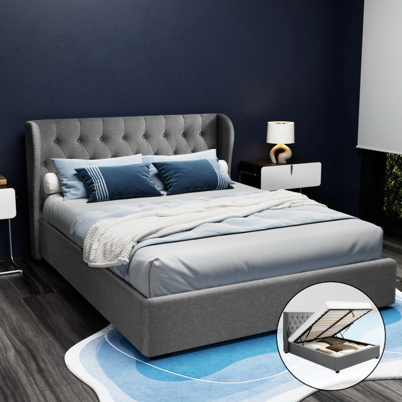 Milan Premium Grey Fabric Gas Lift Bed Frame - Queen Size