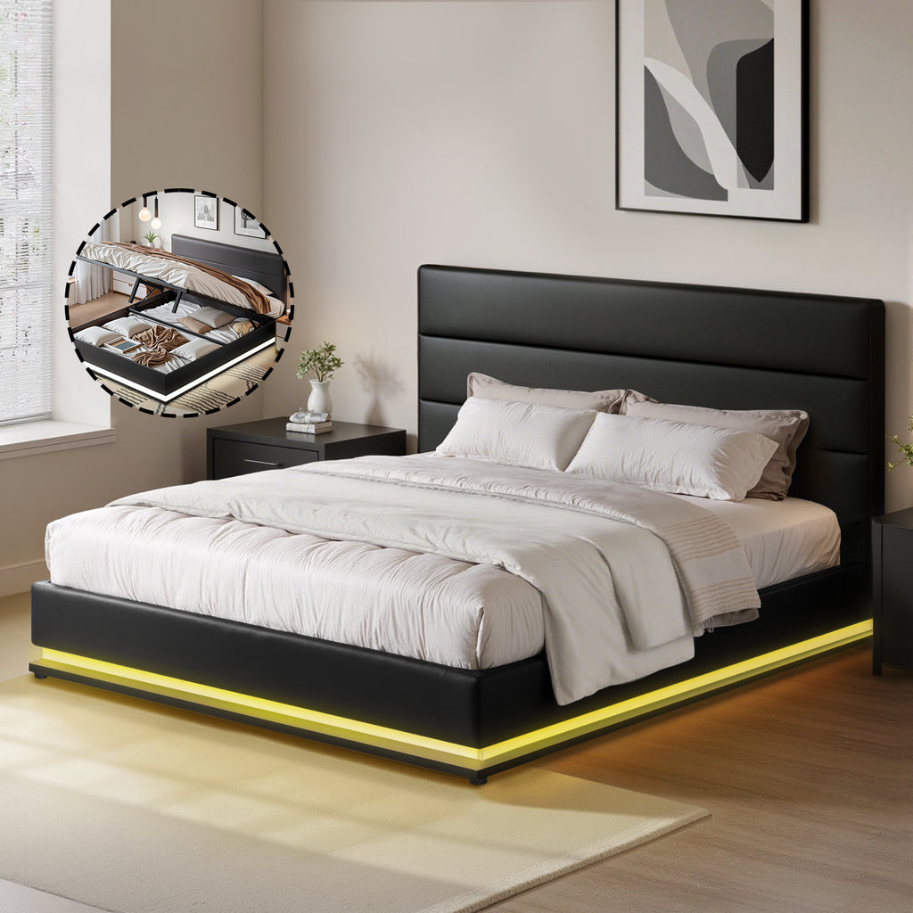 Milano Premium LED Lumi Bed Frame PU Leather Gas Lift Storage - Black Queen Size