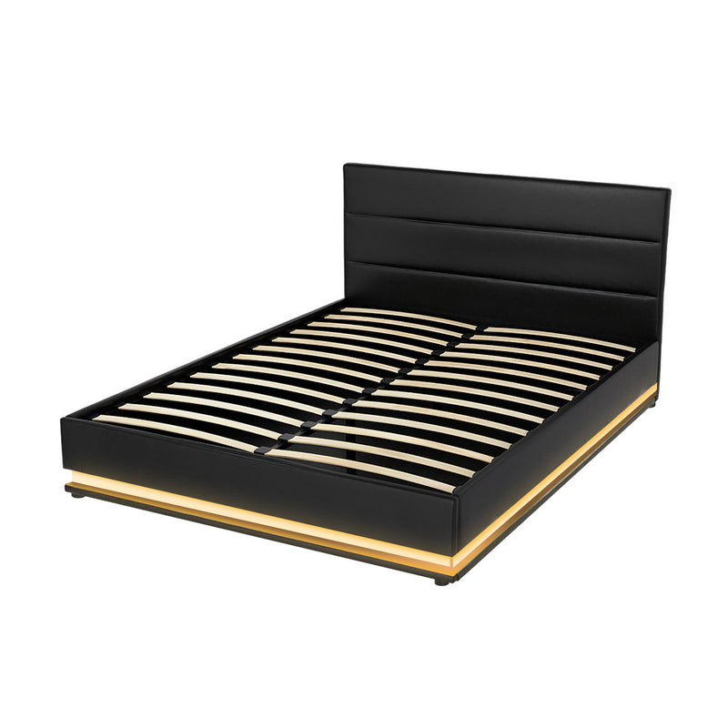 Milano Premium LED Lumi Bed Frame PU Leather Gas Lift Storage - Black Queen Size