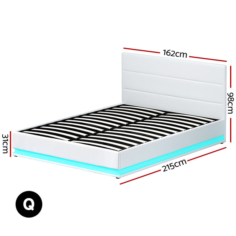 Milano Premium LED White PU Leather Gas Lift Storage Bed Frame - Queen Size