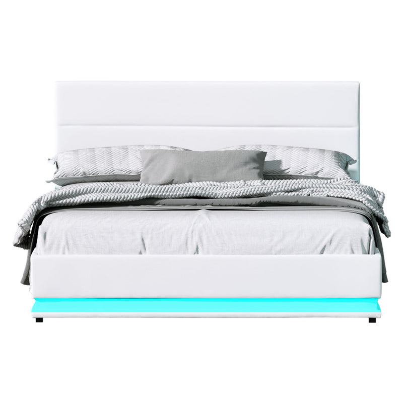 Milano Premium LED White PU Leather Gas Lift Storage Bed Frame - Queen Size