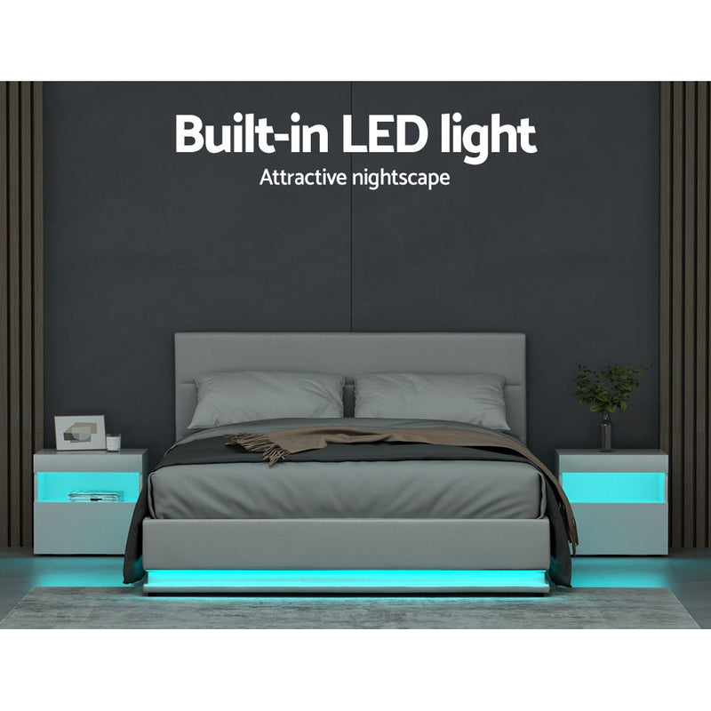 Milano Premium LED White PU Leather Gas Lift Storage Bed Frame - Queen Size