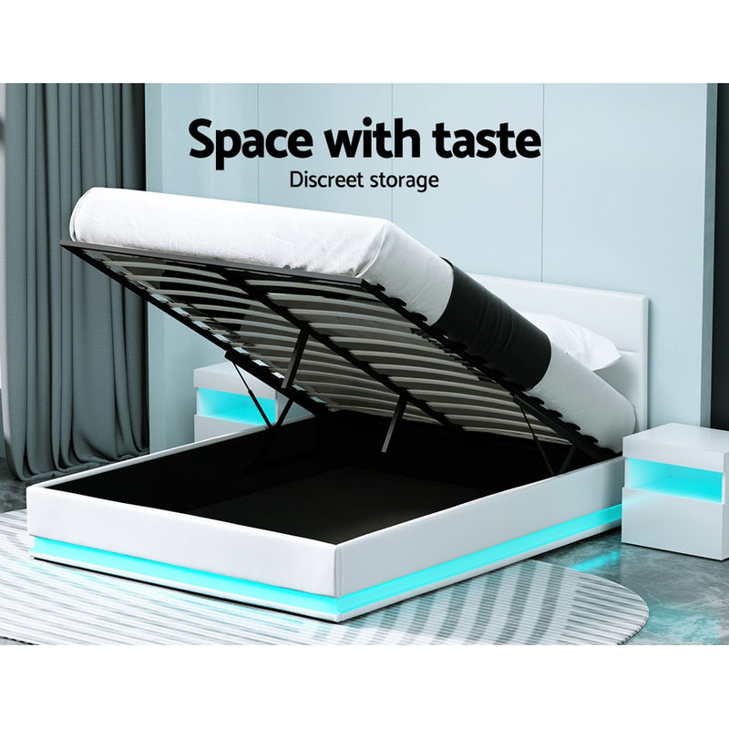 Milano Premium LED White PU Leather Gas Lift Storage Bed Frame - Queen Size