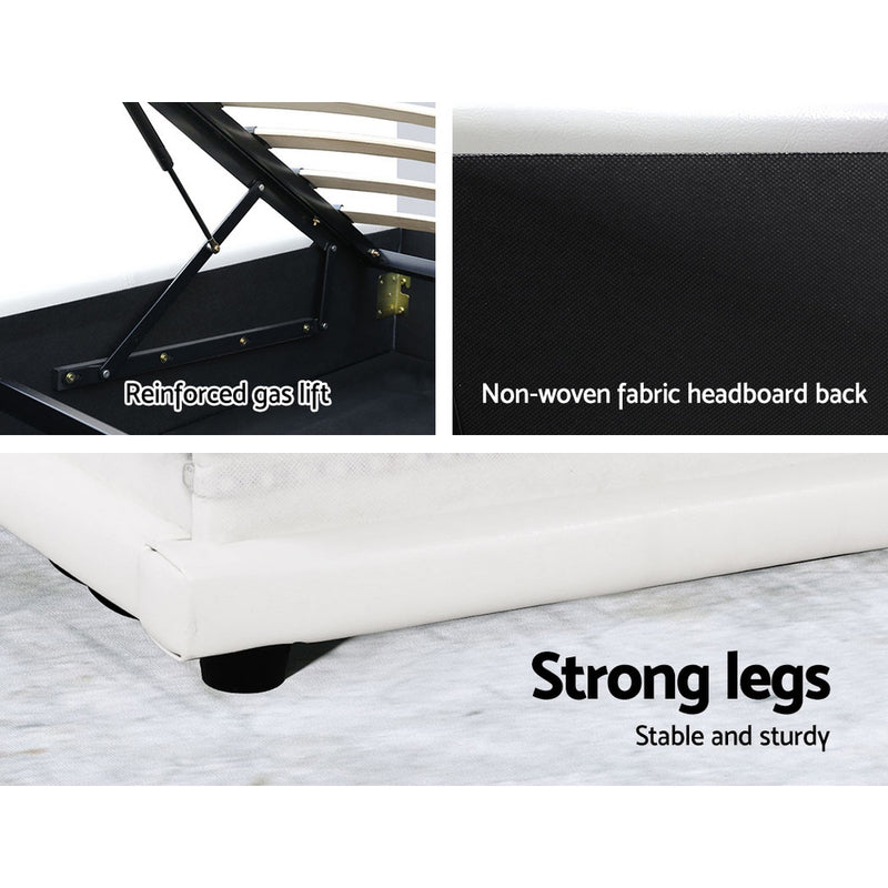 Milano Premium LED White PU Leather Gas Lift Storage Bed Frame - Queen Size