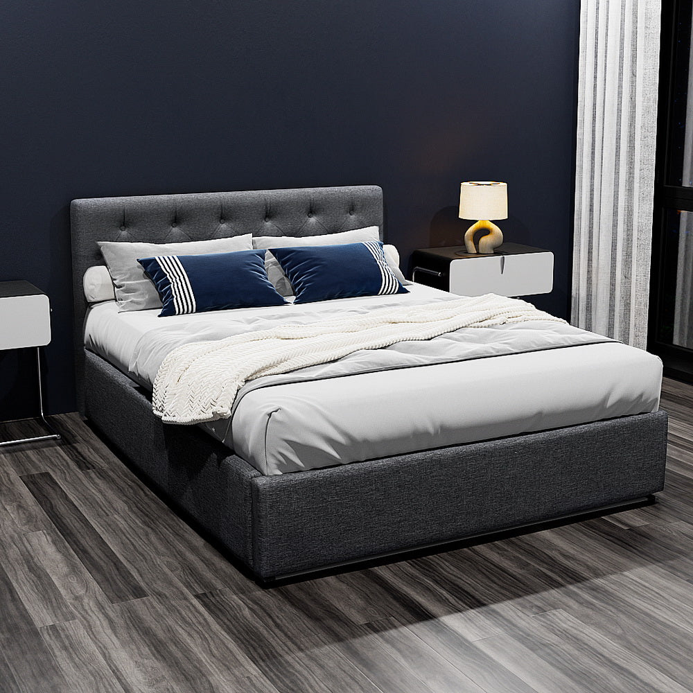 Milano Premium faux linen fabric Charcoal Gas Lift Bed Frame - Queen