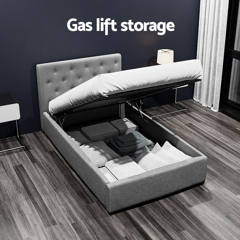 Milano Premium faux linen fabric Grey Gas Lift Bed Frame - King Single