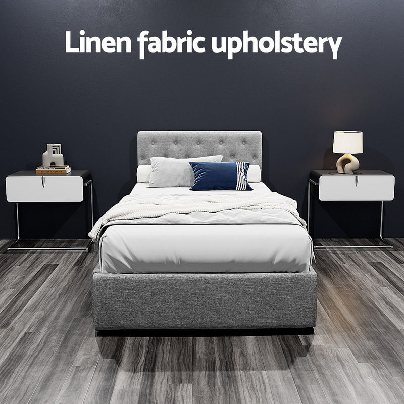 Milano Premium faux linen fabric Grey Gas Lift Bed Frame - King Single