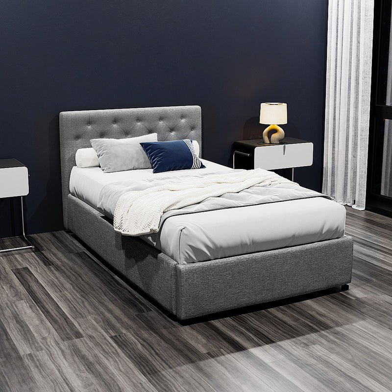 Milano Premium faux linen fabric Grey Gas Lift Bed Frame - King Single