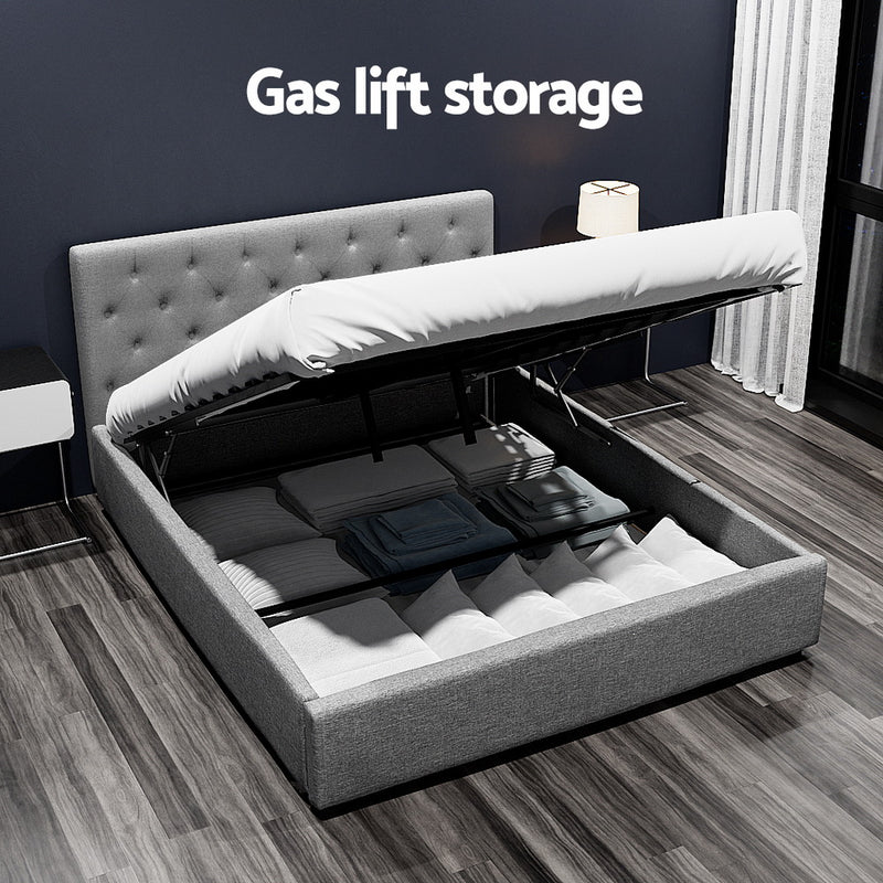 Milano Premium faux linen fabric Grey Gas Lift Bed Frame - Queen Size