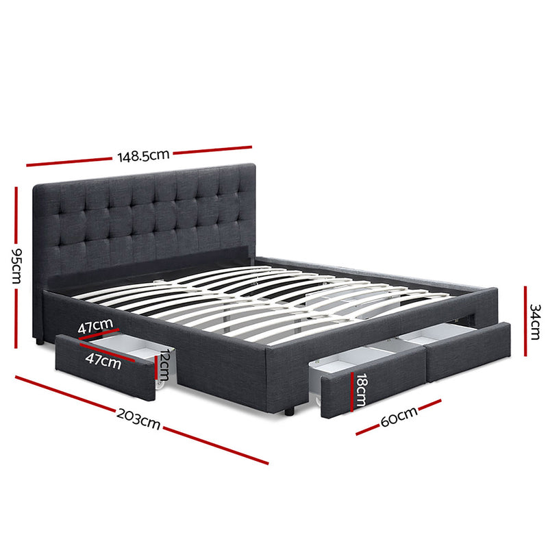Milano Premium Charcoal Fabric with 4 Drawers Bed Frame - Double Size