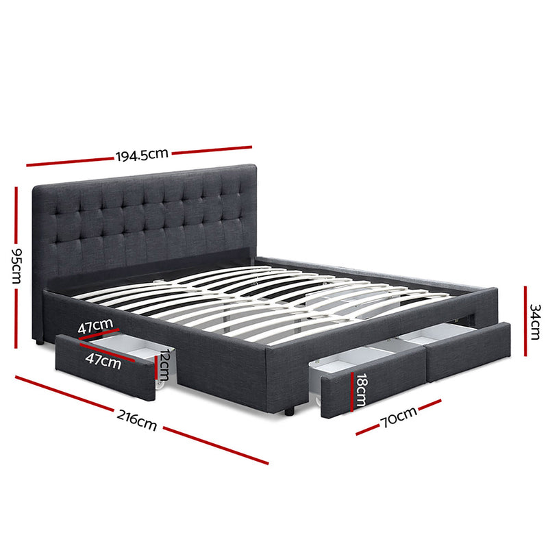 Milano Premium Charcoal Fabric with 4 Drawers Bed Frame - King Size