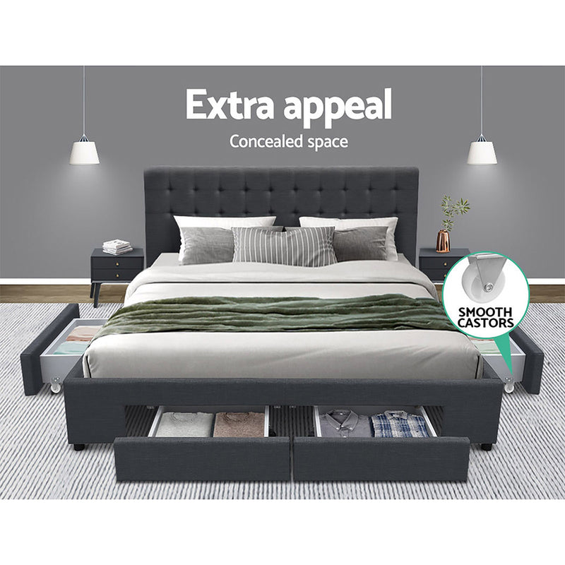 Milano Premium Charcoal Fabric with 4 Drawers Bed Frame - King Size