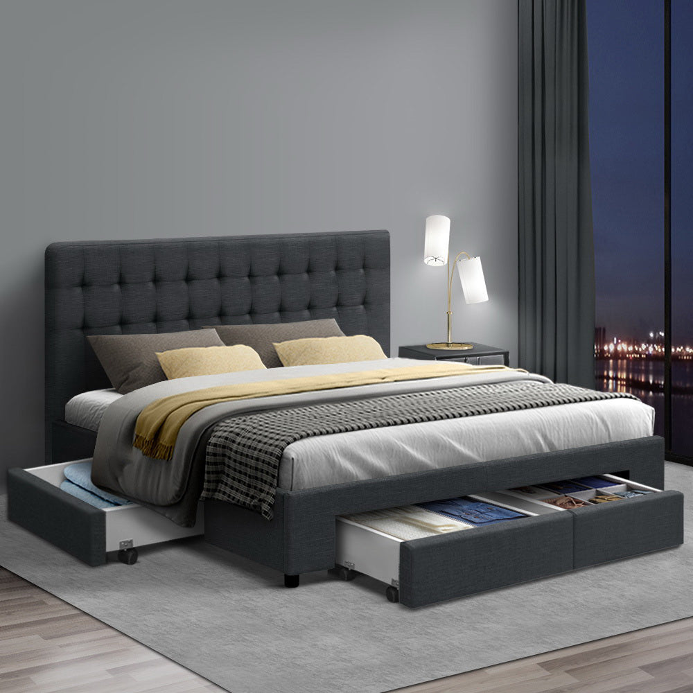 Milano Premium Charcoal Fabric with 4 Drawers Bed Frame - King Size