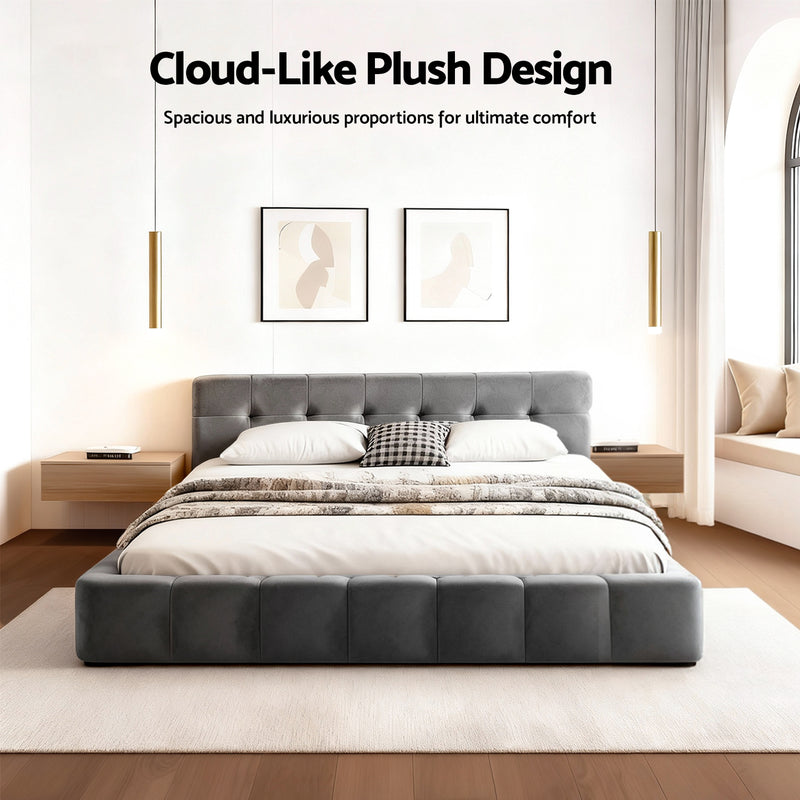 Milano Plush Soft Headboard Velvet Grey Bed Frame - King Size