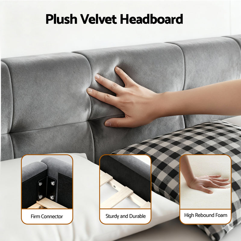 Milano Plush Soft Headboard Velvet Grey Bed Frame - King Size
