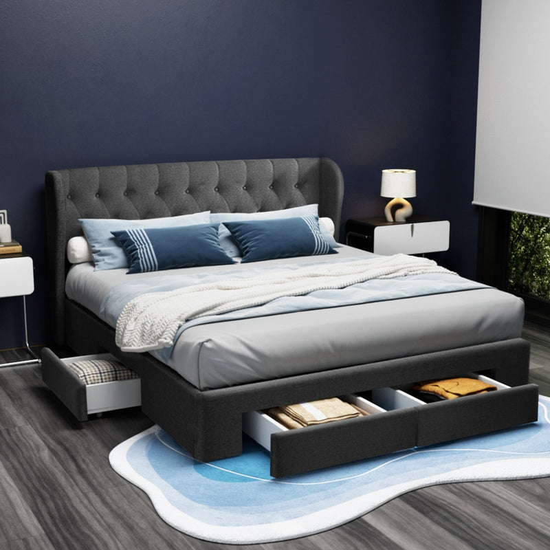Milano Premium Faux linen fabric with 4 Drawers Charcoal Bed Frame - King Size