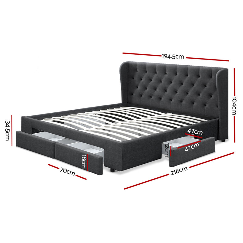 Milano Premium Faux linen fabric with 4 Drawers Charcoal Bed Frame - King Size
