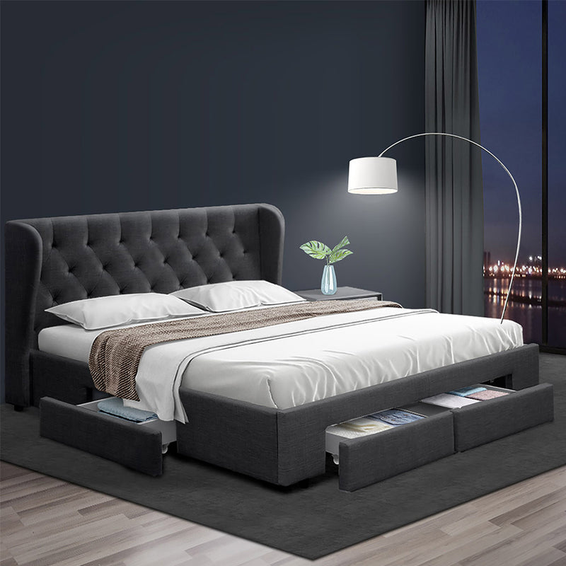 Milano Premium Faux linen fabric with 4 Drawers Charcoal Bed Frame - King Size