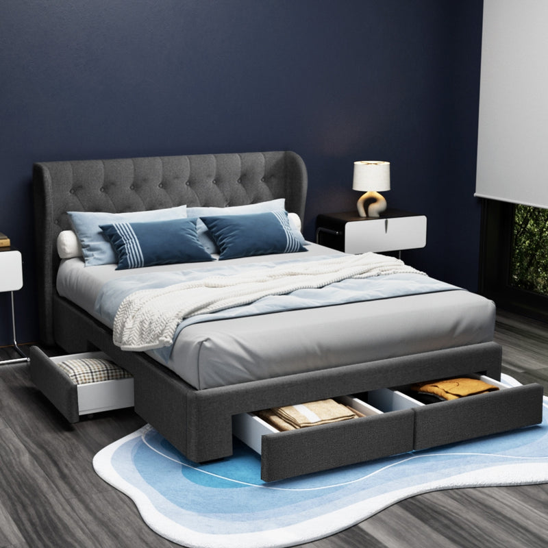 Milano Premium Faux linen fabric with 4 Drawers Charcoal Bed Frame - Queen Size