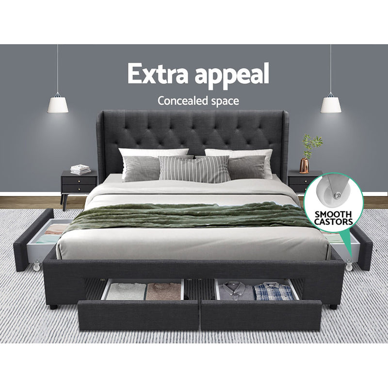 Milano Premium Faux linen fabric with 4 Drawers Charcoal Bed Frame - Queen Size